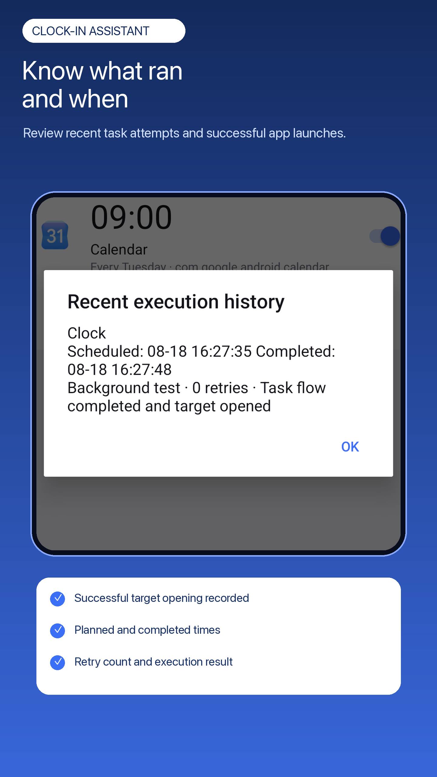 Clock-In Assistant execution history in English